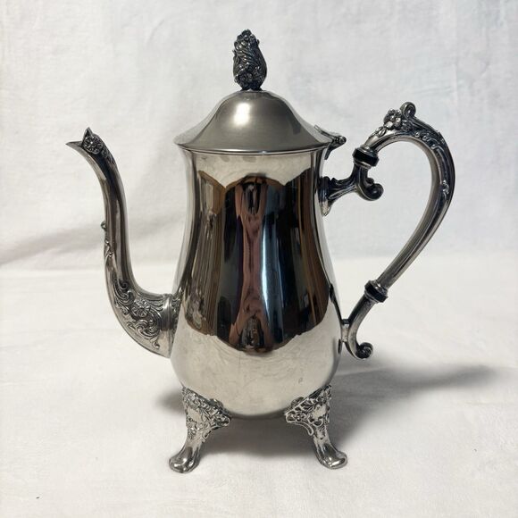 Vintage Silver Plated Teapot or Pitcher 8” Ornate Floral Legs & Finial Footed - Picture 1 of 11